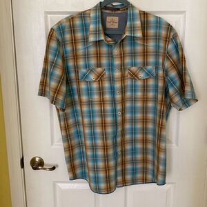 Mens Tommy Bahama Blue & Tan Short Sleeve Button Down Shirt, Size XL